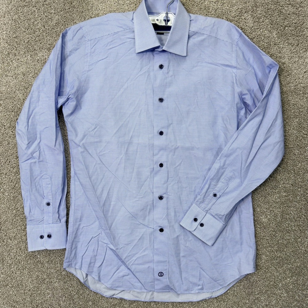 David Donahue Dress Shirt Mens 16 34/35 Trim Blue White Micro-check EUC